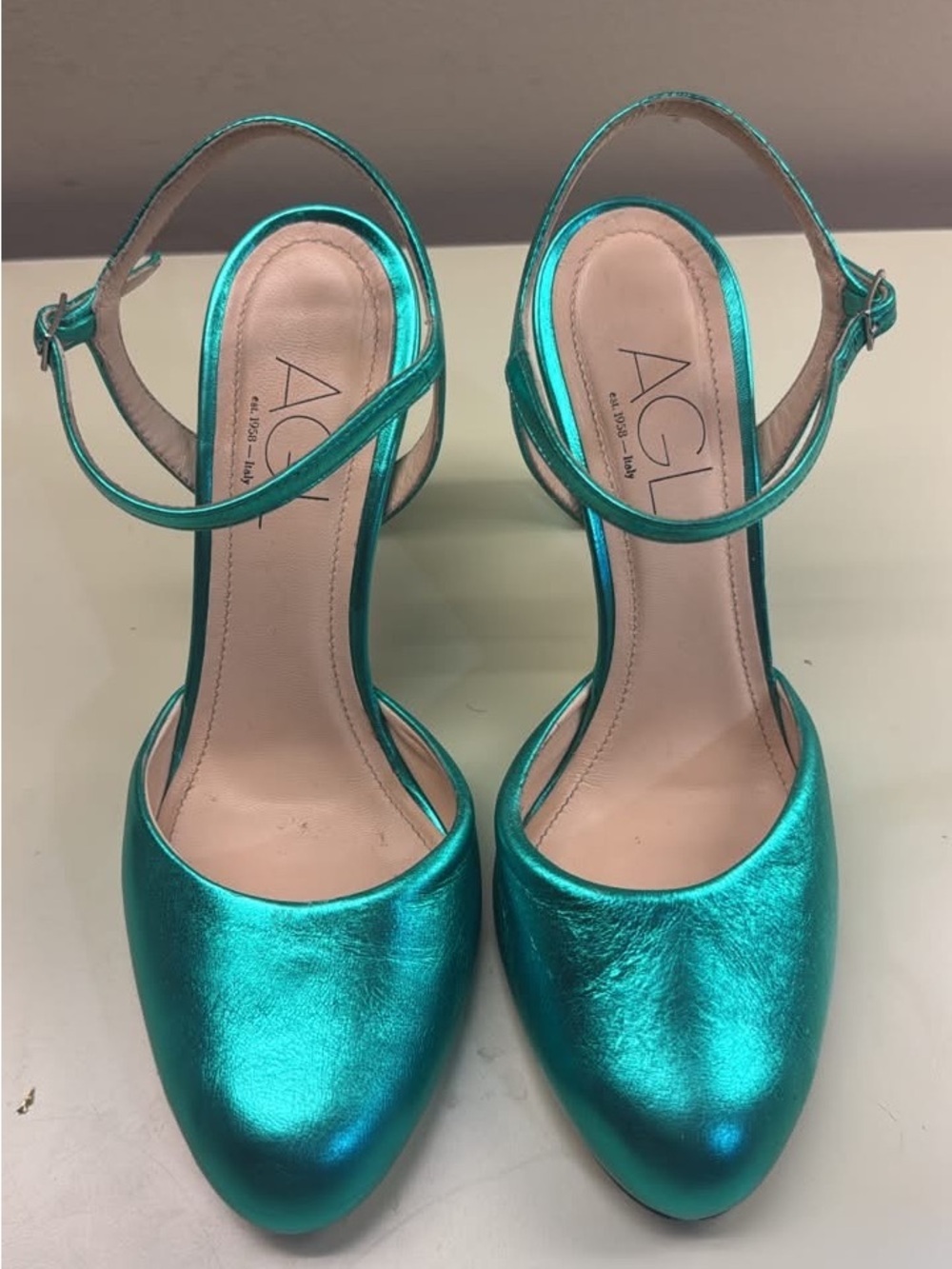 AGL Metallic Teal Ankle-Strap Pumps